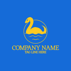 Loch Ness Monster Nessie Silhouette Logo, a loch ness monster silhouette logo decorated with waves and circle, suitable to be used as a logo for companies in the field of protecting the lake and so on