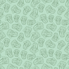 Healthy food vector seamless pattern. Hand drawn illustrations for for restaurant, bar, vegan, healthy and organic food, market, farmers market, cooking school, food truck, delivery service.