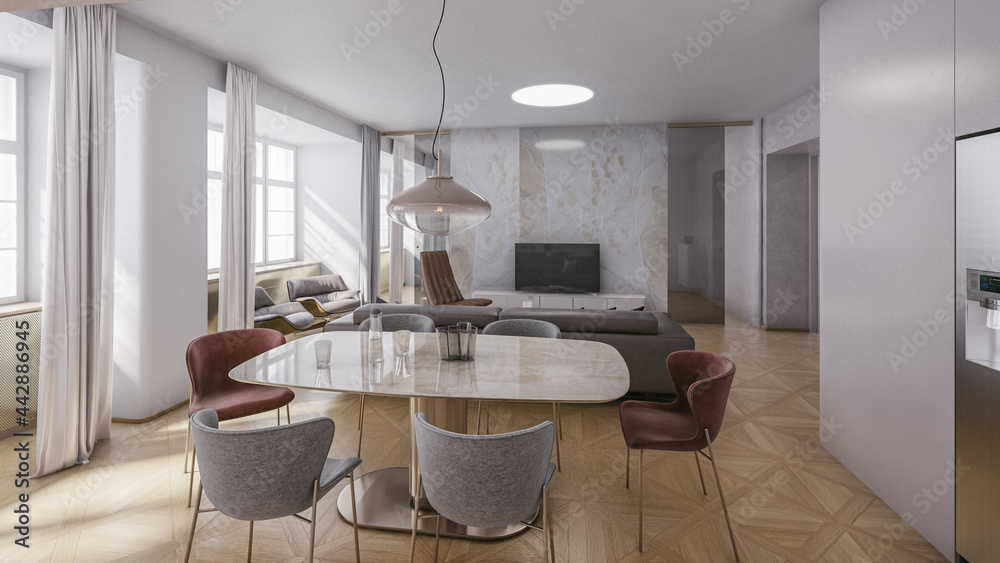 Wall mural interior of modern marble apartment. comfortable living room in flat, 3d rendering