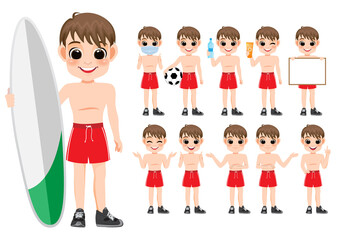 Collection of boy cartoon character summer outdoor activities with sport or swimming wear, isolated cartoon on white background vector illustration