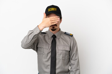 Young caucasian security man isolated on white background covering eyes by hands. Do not want to see something
