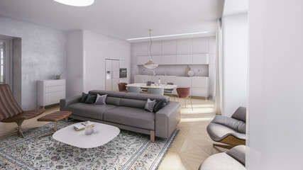 Interior of modern marble apartment. Comfortable living room in flat, 3D rendering
