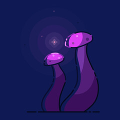 Night fairy-tale with magic bright purple mushrooms on blue background. 