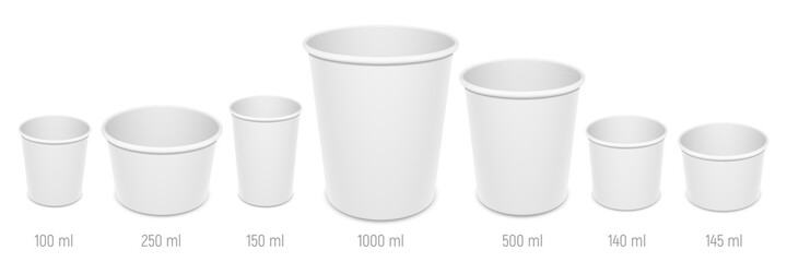 Set of vector realistic blank disposable ice cream buckets, cups and bowls. Different sizes of paper open empty food containers mockup.