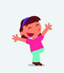 cartoon character of little girl on jeans celebrating something with joy