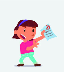 cartoon character of little girl on jeans arguing effusively with exam in hand.