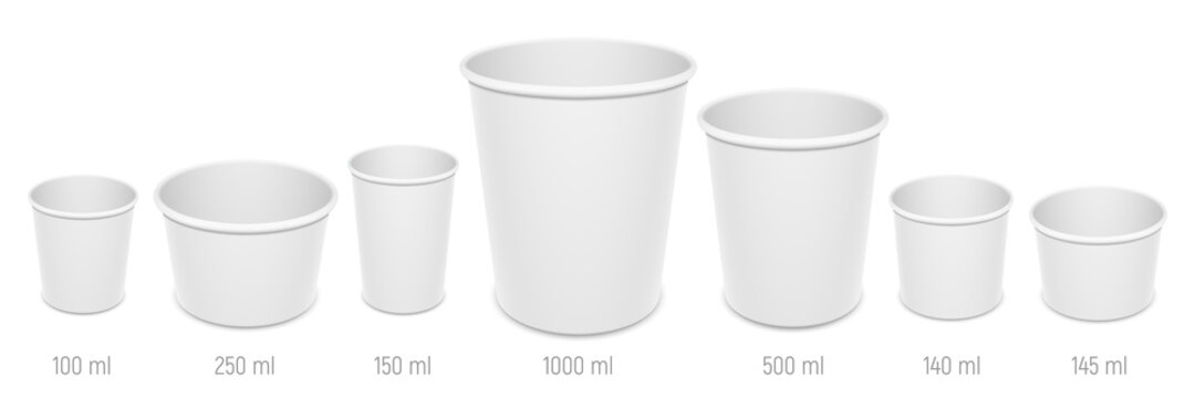 Set of vector realistic blank disposable ice cream buckets, cups and bowls. Different sizes of paper open empty food containers mockup.