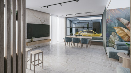 Interior of a modern luxury loft. Living room showcase with window to garage.