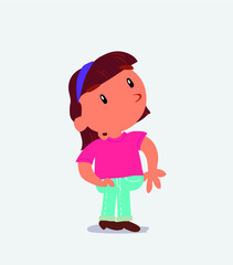  cartoon character of little girl on jeans looks with doubt and somewhat surprised