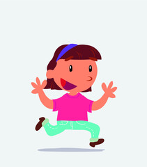  cartoon character of little girl on jeans running happily.