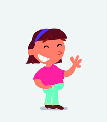  cartoon character of little girl on jeans waving informally while laughing