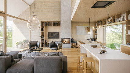 Interior of luxury wooden apartment with open roof stucture. Comfortable living room with open space, 3D rendering