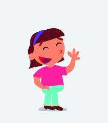 Fototapeta na wymiar cartoon character of little girl on jeans waving informally while smiling
