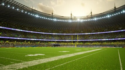 American football stadium with fans cloudy evening crowd waiting game clamping and waving flags . High quality 4k footage