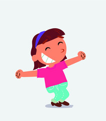 Euphoric little girl on jeans in funny cartoon character