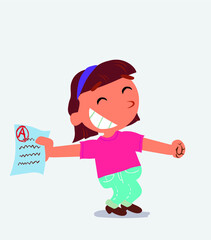 happy cartoon character of little girl on jeans rejoices with exam in hand