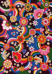 Naklejka premium Psychedelic Floral Background, 1960s Hippie Art Style Pattern for vintage Posters, Covers 