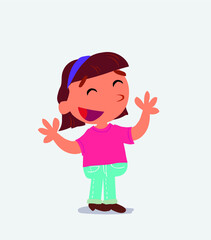 Pleased cartoon character of little girl on jeans explaining something