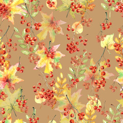 Autumn Seamless Pattern with  Leaves and Rowan Berries on Brown Background. Fall Watercolor Illustration for Kitchen, Textile, Wallpaper.