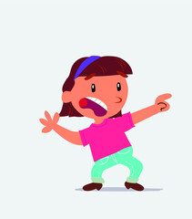 Scared cartoon character of little girl on jeans points to the side