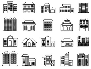 Fototapeta premium Collection of Buildings line icon. Bank, Hotel, Courthouse. City, Real estate, Architecture buildings icons. Hospital,museum. Urban architecture, city skyscraper, school, downtown. Vector illustration