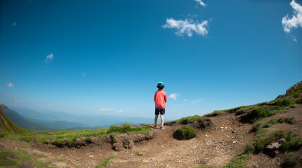 Fototapeta premium A child stands on the top of a mountain and looks into the distance