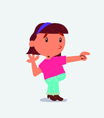 Surprised cartoon character of little girl on jeans points to something to his side.
