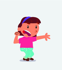 Very angry cartoon character of little girl on jeans pointing at something