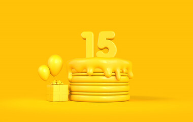 Happy 15th Birthday celebration cake with present and balloons. 3D Rendering