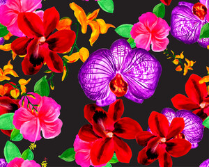 Pink Botanical Background. Colorful Orchid Decor. Purple Hibiscus Painting. Green Flower Palm. Red Watercolor Texture. Yellow Seamless Leaves. Pattern Garden.