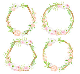 Watercolor floral frames set. Hand drawn geometric round and hexagon arrangement with greenery and flowers isolated on white. Rustic wood decoration, botanical composition for wedding invitations.