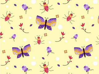 Obraz na płótnie Canvas Pattern with insects on a yellow background, namely butterflies, and various beetles. Vector graphic. 