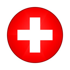 Glass light ball with flag of Switzerland. Round sphere, template icon. Swiss national symbol. Glossy realistic ball, 3D abstract vector illustration highlighted on a white background. Big bubble