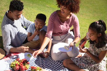 Happy african american couple with son and daughter outdoors, having picnic in sunny garden