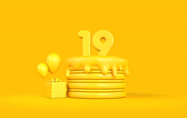 Happy 19th Birthday celebration cake with present and balloons. 3D Rendering