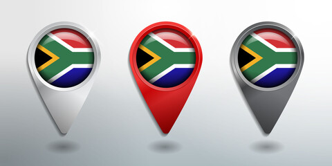 3D Pointer, Tag and Location Marker with Round Flag Nation of South Africa White, Red and Grey Glossy Model