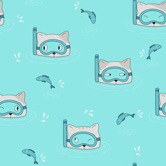 Funny seamless pattern with cats and fish. Cat diver. Cat in underwater mask. Children's summer vector illustration.