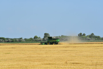 Combine-harvester working in field of ripe yeallow wheat,agricultural photo