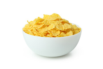 Plate of dry uncooked corn flakes isolated on white background