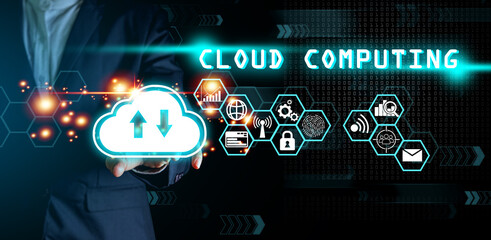 Businessman touching using smartphone connect to cloud for transfer data, Cloud computing concept.