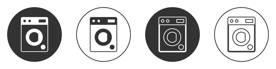 Black Washer icon isolated on white background. Washing machine icon. Clothes washer - laundry machine. Home appliance symbol. Circle button. Vector