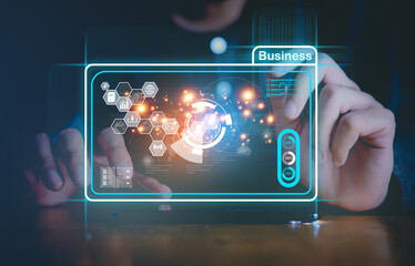 Smart Engineer using virtual screen with smart industry robotic automation digital factory production technology, industrial revolution and software to control operation .