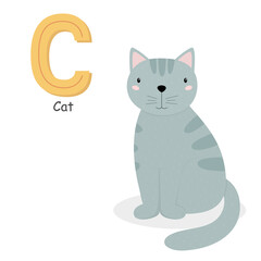 Letter C and a cute cartoon cat. Children's English alphabet. It is suitable for the design of postcards, books, leaflets, banners, birthday invitations. Colorful vector illustration