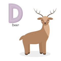Letter D and a cute cartoon deer. Children's English alphabet. It is suitable for the design of postcards, books, leaflets, banners, birthday invitations. Colorful vector illustration