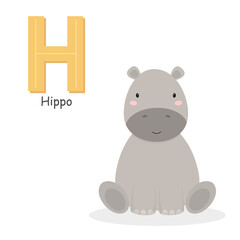 Letter H and a cute cartoon hippo. Children's English alphabet. It is suitable for the design of postcards, books, leaflets, banners, birthday invitations. Colorful vector illustration
