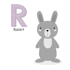 Letter R and a cute cartoon rabbit. Children's English alphabet. It is suitable for the design of postcards, books, leaflets, banners, birthday invitations. Colorful vector illustration