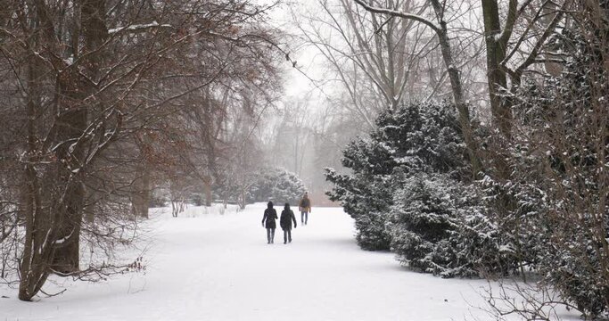 People walking through a parc in the wintertime. Heavy snow fall in 4k