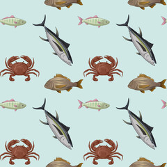Seafood and fish seamless pattern of vector marine animals background. crab and tuna, squid, Sea wildlife themes