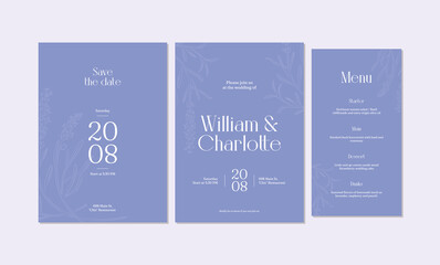 Minimalist hand drawing wedding invitation card template design, floral line art drawing bouquet decorated on line frame.
