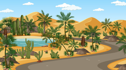 Fototapeta premium Long road through desert forest landscape at day time scene